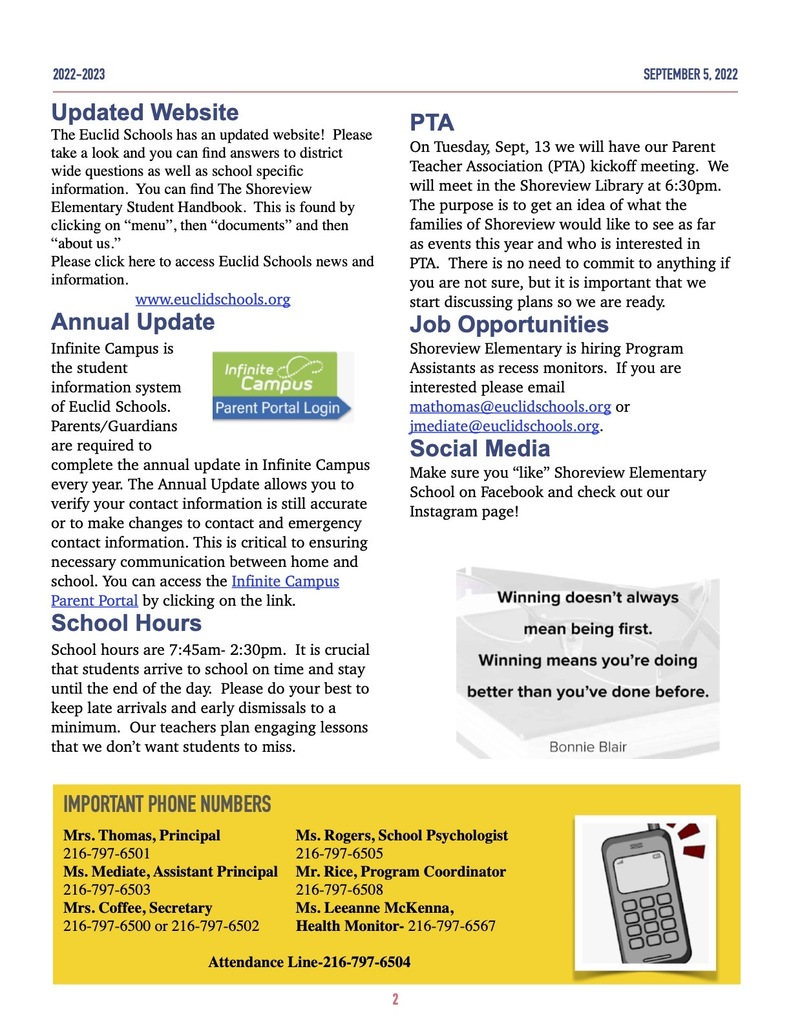 Shoreview Family Newsletter- Sept. 11, 2022