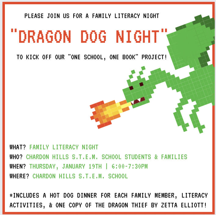 "Dragon Dog Night" Flier--the kick off of our "One School, One Book" Project